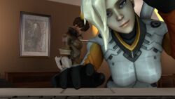  3d animated animated_gif breasts clothed dazed female_only femdom femsub large_breasts mercy open_mouth overwatch seamless short_hair source_filmmaker text tracer zombie_walk 