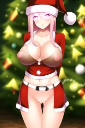  ai_art christmas christmas_tree collarbone expressionless femsub glowing glowing_eyes huge_breasts manip mclo_(generator) mclo_(manipper) navel nipples novelai_(ai) open_mouth pink_hair pussy pussy_juice santa_hat see-through solo 