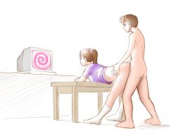  bent_over bottomless brown_hair femsub from_behind happy_trance hypnotic_screen malesub multiple_subs nude ponytail purple_eyes sex sleepymaid socks spiral story table tech_control topless 