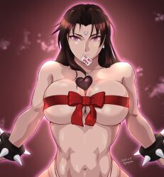  92penpen abs aura bare_shoulders brown_hair chocolate chun-li clothed_exposure cuffs earrings expressionless glowing large_breasts long_hair looking_at_viewer microchip navel pink_eyes ribbon signature simple_background street_fighter street_fighter_ii_v tech_control text thong valentine&#039;s_day 