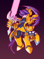 alternate_color_scheme alternate_costume alternate_hair_color armor aura capcom ciel_(megaman_zero) claws corruption english_text femsub floating glowing long_hair looking_at_viewer maledom megaman_(series) megaman_zero omega_(megaman) open_mouth ponytail possession purple_eyes purple_hair red_eyes sword text weapon zerossox