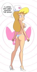  animaniacs ass blonde_hair bra dialogue empty_eyes expressionless female_only femsub hat hello_nurse high_heels jimryu long_hair looking_back nurse open_mouth panties pink_eyes solo standing text underwear 