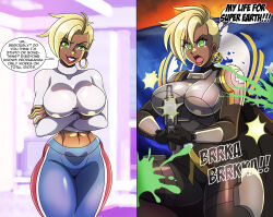  abs absurdres armor ash_(svettak92) before_and_after blonde_hair breasts clothed crop_top crossed_arms denial dialogue earrings female_only femsub green_eyes gun helldivers large_breasts midriff muscle_girl original propaganda short_hair sidecut speech_bubble spiral_eyes symbol_in_eyes text weapon zorro-zero 