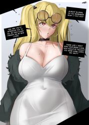  blonde_hair blondie_(eroborne) breasts choker cleavage dazed dress drool english_text eroborne eyebrows_visible_through_hair femsub fur_coat glasses hair_ornament heart large_breasts long_hair maledom navel original red_eyes signature simple_background speech_bubble symbol_in_eyes text twintails unfocused_eyes wide_hips 