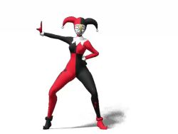  3d animated arms_above_head arms_behind_back bodysuit clothed cuffs dancing dc_comics female_only femsub glasses harley_quinn hat jester lipstick music shoes simple_background solo sound tagme trishdev2 video white_background white_skin wide_hips 