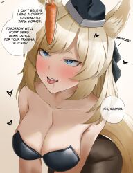 absurdres animal_ears arknights bare_shoulders blonde_hair blue_eyes blush breasts carrot cleavage dialogue drool english_text eroborne femsub food happy_trance hat heart heart_eyes large_breasts long_hair military_hat mole simple_background smile tail text tongue tongue_out whislash_(arknights) white_background
