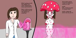 absurdres before_and_after brown_eyes brown_hair english_text female_only femsub lab_coat mushroom mushroom_girl non-human_feet scientist text topless transformation wfay42