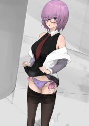  absurdres altered_common_sense bare_shoulders body_writing condom dumbguy_(colorist) empty_eyes expressionless fate/grand_order fate_(series) female_only femsub glasses hair_covering_one_eye mashu_kyrielight mayonaka netorare open_mouth panties pants pink_hair prostitution purple_eyes purple_hair shirt short_hair simple_background skirt skirt_lift solo standing tally_marks tank_top text tie underwear undressing used_condom 