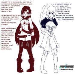  altered_common_sense bottomless breasts empty_eyes femsub idpet long_hair monochrome nude ruby_rose rwby short_hair text topless weiss_schnee 