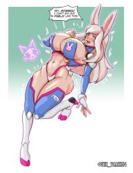  alternate_costume ass ass_expansion bimbofication breast_expansion breasts bunny_ears bunny_girl cleavage control_indicator crop_top d.va dialogue face_paint female_only femsub fingerless_gloves frozenaardvark gloves gradient_background high_heels huge_breasts long_hair navel open_mouth overwatch posing sideboob signature simple_background solo sombra_(overwatch) speech_bubble standing tail text thigh_boots thighhighs thong transformation white_hair yellow_eyes 