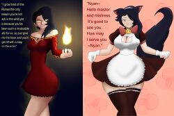  absurdres before_and_after bell black_hair breasts cat_girl cinder_fall cleavage comic femsub large_breasts maid maid_headdress rwby syas-nomis text 