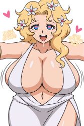  ai_art aphrodite_(record_of_ragnarok) blonde_hair blue_eyes bouncing_breasts bracelet cleavage collarbone curly_hair drool female_only femsub flower_in_hair heart heart_eyes hug huge_breasts looking_at_viewer love maledom manip minimimic_(generator) minimimic_(manipper) navel open_mouth record_of_ragnarok simple_background solo stable_diffusion_(ai) text toga white_background 