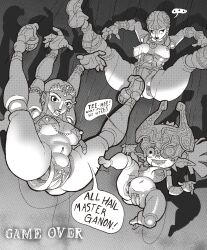  ashei bad_end body_control breasts capcognito defeated dialogue elf_ears english_text ganondorf greyscale hanging_down harem high_heels humiliation large_breasts legs legs_up long_hair maledom midna multiple_girls multiple_subs nintendo nipples princess princess_zelda puppet puppetization pussy royalty short_hair shortstack speech_bubble spread_legs text the_legend_of_zelda thighs twilight_princess 