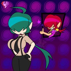  ahoge alternate_hairstyle breasts clothed crossover earrings female_only femdom femsub green_hair hair_covering_both_eyes hand_on_hip hypnoscream king_of_fighters large_breasts long_hair nintendo open_mouth pokemon pokemon_scarlet_and_violet red_hair rika_(pokemon) shermie_(kof) smile sparkle twinning 