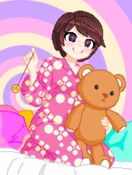  animated animated_gif annie_(fabius) bed black_eyes blush brown_hair coin fabius femdom freckles kneeling looking_at_viewer original pajamas pendulum pillow pixel_art pov_sub short_hair simple_background smile spiral_background stuffed_animal 
