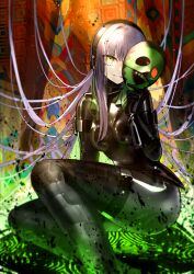breasts corruption evil_smile fate/extra_ccc fate/grand_order fate_(series) female_only femsub giantess glowing headphones kingprotea latex legs long_hair magic magic_circle mask official pale_skin purple_hair ribbon sitting small_breasts solo veil wada_arco yellow_eyes