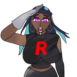  black_hair blue_hair breasts clothed crop_top dark_skin drool earrings female_only femsub gloves large_breasts long_hair looking_at_viewer multicolored_hair nessa_(pokemon) nintendo open_mouth opera_gloves pink_eyes pokemon pokemon_sword_and_shield saluting shirt simple_background solo standing standing_at_attention team_rocket white_background zizzytrance 