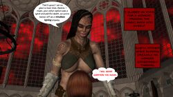 3d abs absurdres bondage breasts brown_hair comic dazed dialogue dreadlocks female_only femdom femsub green_skin large_breasts long_hair magic mantra muscle_girl orc orc_girl red_hair text the_mad_prince