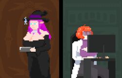 animated animated_gif apron bouncing_breasts breast_grab cleavage cleavage_cutout ereme_(bobbette) expressionless femsub groping huge_breasts hypnotic_accessory kilprel magic maid maid_headdress mask original phantom_hand pixel_art purple_hair red_hair resisting sonia_(the_goddess_sonia) standing_at_attention witch witch_hat