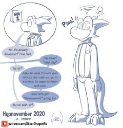  before_and_after claws clothed collar crossed_eyes dialogue dragon_boy furry greyscale happy_trance horns hypnotic_accessory hypnotic_audio hypnovember male_only malesub monochrome non-human_feet original ping ring_eyes silver_(silverdragon) silverdragon speech_bubble standing standing_at_attention text trigger 