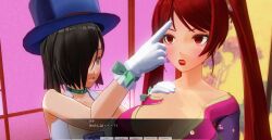 3d black_hair blush bottomless breasts cleavage collar dialogue empty_eyes expressionless femdom femsub hat japanese_clothing kamen_writer_mc kimono large_breasts lipstick long_hair magician mc_trap_town red_eyes red_hair red_lipstick rina_(mc_trap_town) screenshot short_hair text translation_request trigger twintails
