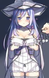 artist_request bare_shoulders blue_eyes blue_hair blush breasts choker cleavage collarbone embarrassed femsub heart heart_eyes holding_breasts huge_breasts looking_at_viewer maledom pendulum pov pov_dom rilliona_the_magistus_of_verre symbol_in_eyes thick_thighs thighhighs twintails white_hair yu-gi-oh!