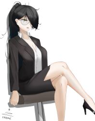  absurdres bare_legs black_hair breasts business_suit chair cleavage crossed_legs drool empty_eyes eroborne female_only femsub glasses green_eyes hair_covering_one_eye high_heels large_breasts legs limp long_hair office_lady open_mouth original ponytail signature simple_background sitting skirt slouching solo suit white_background 