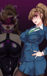  ahegao alternate_costume blush breasts brown_hair collar corruption drool electricity empty_eyes female_only femsub gloves happy_trance huge_breasts large_breasts leotard navel ochiman1919 open_mouth ponytail red_hair rubber simple_background skirt solo symbol tears tech_control tie tongue tongue_out uniform visor 