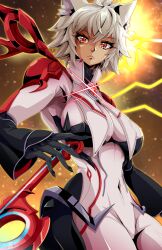  absurdres alpha_(xenoblade) alternate_costume andoryu_anzuru aura bodysuit breasts cat_girl clothed corruption expressionless eye_color_change femsub glowing_eyes grey_hair large_breasts looking_at_viewer na'el_(xenoblade) navel nintendo orange_eyes possession short_hair spoilers weapon wings xenoblade_chronicles xenoblade_chronicles_3 xenoblade_chronicles_3_future_redeemed 
