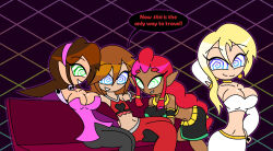 aged_up alternate_costume arms_above_head blonde_hair breasts breath_of_the_wild brown_hair capcom choker cleavage crossover dialogue disney earrings english_text femsub gerudo happy_trance harem harem_outfit hypnoscream kingdom_hearts large_breasts long_hair makeela_riju malesub megaman_(series) megaman_legends_(series) midriff namine navel nintendo red_hair sitting smile sora speech_bubble spiralwash_eyes square_enix tears_of_the_kingdom text the_legend_of_zelda tron_bonne