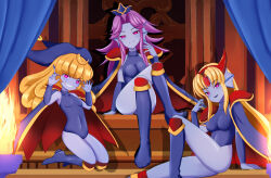  alternate_costume angela_(mana) blonde_hair blue_skin breasts cape charlotte_(mana) corruption crown enemy_conversion evil_smile female_only femdom femsub floating hat knee-high_boots kneeling leotard looking_at_viewer mana_(series) multiple_girls pink_eyes purple_hair queen_succube rethnick riesz_(mana) shoulder_pads sitting small_breasts succubus thighs trials_of_mana vampire 