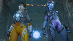  blue_skin brown_hair eh female_only femsub glowing_eyes long_hair overwatch ponytail short_hair tagme text tracer widowmaker 