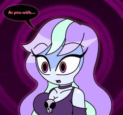 aged_up arm_warmers aura bare_shoulders blue_skin choker cleavage collarbone empty_eyes expressionless eyebrows_visible_through_hair eyelashes femsub green_hair hypnoscream large_breasts long_hair monster_high multicolored_hair open_mouth pink_background pov_dom purple_hair red_eyes ring_background shiny_hair shiny_skin skull solo speech_bubble text twyla_boogeyman