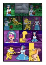 absurdres balls barefoot before_and_after blue_eyes blue_hair bracelet censored clothed comic cuki dress drool femsub forest glowing_eyes hair_ornament handjob happy_trance hypno indifferent jewelry kneeling lana&#039;s_mother long_hair maledom milf night nintendo nude open_mouth outdoors pendulum penis pokemon pokemon_(anime) pokemon_(creature) pokemon_sun_and_moon pokephilia purple_eyes spiral_eyes standing symbol_in_eyes