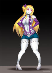 blonde_hair boots breasts cleavage corruption empty_eyes fairy_tail female_only gloves gradient_background hadant happy_trance large_breasts long_hair looking_at_viewer lucy_heartfilia makeup opera_gloves pale_skin rock_of_succubus signature simple_background solo studded_collar tattoo thigh_boots thighhighs watermark