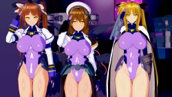  3d belt blonde_hair breasts brown_hair cape cuffs empty_eyes fate_testarossa female_only femsub gloves happy_trance hat hayate_yagami koikatsu! large_breasts leotard looking_at_viewer loosen magical_girl_lyrical_nanoha monitor multiple_girls multiple_subs nanoha_takamachi ribbon rubber saluting short_hair smile standing standing_at_attention thigh_gap twintails wings yellow_eyes 