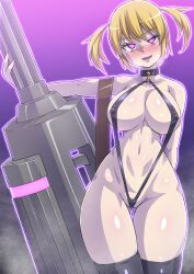  aura bare_shoulders blonde_hair blush boots breasts cameltoe claws clothed_exposure collarbone crossed_eyes dazed empty_eyes erect_nipples erect_nipples_under_clothes eye_roll eyeshadow fangs female_only femsub glowing glowing_eyes gradient_background large_breasts makeup navel nun_(artist) pink_background pink_eyes purple_background purple_lipstick short_hair sling_bikini solo standing thick_thighs thigh_boots thighhighs thong twintails weapon 