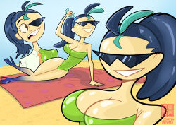  absurdres ahoge beach before_and_after blue_hair brown_eyes cleavage dollification glasses knick_knack large_breasts lying mr_scade nemona_(pokemon) nintendo one-piece_swimsuit open_mouth outdoors pokemon pokemon_scarlet_and_violet ponytail rubber smile sunglasses sunny_miami sunscreen swimsuit towel transformation 