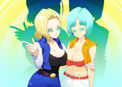 android_18 belt blonde_hair blue_hair breast_press breasts bulma_briefs cleavage dragon_ball female_only femsub happy_trance kaa_eyes large_breasts liesday midriff ring_eyes short_hair skirt smile spiral_eyes symbol_in_eyes symmetrical_docking