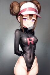  ai_art alternate_costume arms_behind_back breath brown_hair empty_eyes erect_nipples erect_nipples_under_clothes female_only femsub hair_buns happy_trance hat leotard looking_at_viewer nintendo pink_eyes pokemon pokemon_black_and_white_2 rosa_(pokemon) rubber seiha_(generator) smile solo stable_diffusion_(ai) standing team_rocket twintails 