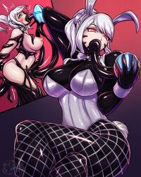 alternate_costume androgynous_dom arms_above_head bare_breasts bare_shoulders before_and_after blush bodysuit bondage breasts bunny_ears bunny_girl bunnysuit charlotte_(nzurg) corruption crossed_legs deepthroat eye_color_change femsub glowing_eyes hypnotic_mask hypnotic_slime large_breasts latex living_costume looking_at_viewer mask original persona_(series) persona_5 ponytail possession red_eyes restrained shadow_bunny sitting slime spacen&#039;cake tail tentacle_sex tentacles tight_clothing transformation white_hair