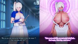  3d alternate_color_scheme arcrad before_and_after belt bimbofication blue_eyes blue_lipstick bracers brain_drain breast_expansion breasts cleavage clothed_exposure curvy dialogue dress drool earrings erect_nipples eye_roll femsub huge_breasts large_hips large_lips lip_expansion lipstick long_hair mantra nipples open_clothes pink_eyes ponytail puckered_lips rwby side_ponytail spiral standing standing_at_attention sword tan_skin text weapon weiss_schnee white_hair wide_hips 