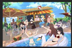 bikini blonde brown_hair jethnoblast long_hair multiple_girls original ponytail pool short_hair skirt small_breasts sunglasses swimsuit tan_skin