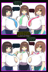  breasts brown_hair button_gap cleavage comic dazed dialogue empty_eyes femsub huge_breasts long_hair maledom manip multiple_girls multiple_subs short_hair shuz_(dodidu) skirt subliminal tagme text tie tiechonortheal_(manipper) trigger 