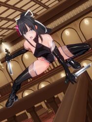  3d bare_shoulders before_and_after blue_eyes cosplay custom_maid_3d_2 dfish303 female_only fishnets gloves hair_ornament knife leotard open_mouth opera_gloves original ponytail ribbon rubber solo straight-cut_bangs taimanin_(series) thigh_boots thighhighs tongue weapon 
