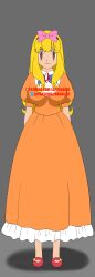  absurdres ash_ketchum bangs blonde_hair bow brown_eyes clothed dress empty_eyes genderswap hair_band laprasking large_breasts nintendo pokemon pokemon_(anime) shoes simple_background smile solo standing standing_at_attention text very_long_hair watermark 