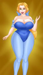 beauty_and_the_beast belle bimbettes bimbofication blonde_hair breasts cleavage disney femsub green_eyes high_heels large_breasts leotard makeup princess red_lipstick ribbon seductive_smile shoes smile