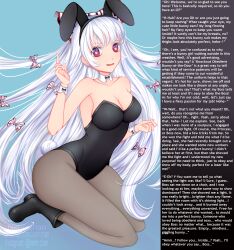  absurdres breasts bunny_ears bunnysuit caption caption_only cuffs fake_animal_ears female_only femsub fujiwara_no_mokou happy_trance heart heart_eyes looking_at_viewer manip nerinchan open_mouth red_eyes ribbon symbol_in_eyes text touhou white_hair 