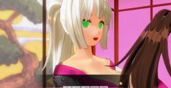 3d breasts dialogue female_only femsub green_eyes happy_trance japanese_clothing kamen_writer_mc kimono large_breasts lipstick mc_trap_town ponytail red_lipstick screenshot smile solo spiral_eyes symbol_in_eyes text translation_request white_hair