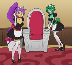  apron blue_eyes bow chair choker cleavage collarbone femsub genie green_hair green_skin hand_on_hip heart_eyes leaning_forward looking_at_viewer maid maid_headdress multiple_girls multiple_subs mythkaz open_mouth ponytail purple_hair red_eyes rottytops shantae shantae_(series) shoes short_hair smile standing symbol_in_eyes tan_skin thighhighs uniform very_long_hair 